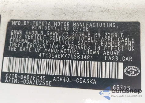 2007 Toyota Camry Ce/Le/Xle/Se из США, поврежденный, VIN 4T1BE46KX7U563484